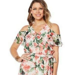 Beautiful Floral Cold Shoulder Dress Ruffle Shower Bridal Wedding Guest Party